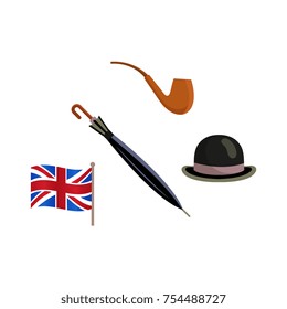 vector flat british gentleman symbols icon set. English tea in ceramit teapot, hat and smoking pipe and union jack flag of united kingdom. Isolated illustration on a white background.