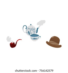 vector flat british gentleman symbols icon set. English tea in ceramit teapot, hat and smoking pipe. Isolated illustration on a white background.