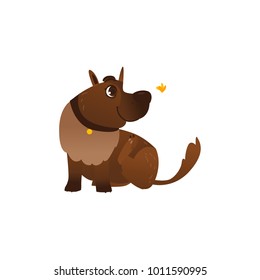 Vector flat brown dog character playing with butterfly. Cartoon illustration, funny puppy pet animal in collar with friendly smile. Isolated illustration on a white background.