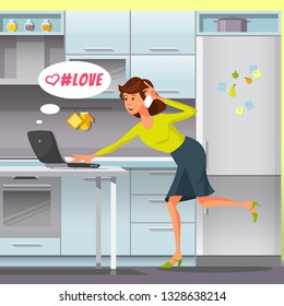 Vector Flat Brown Haired Woman Talking on Phone. Very Busy in Laptop Messages Come Answers in Social Networks Correspondence. Girl in Kitchen going Cook Delicious Meal and Call Friend.