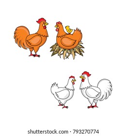 vector flat brown, white rooster, cock with red crest and hen chicken with yellow chick at back in hay nest. Isolated illustration on a white background. Farm poultry advertising, poster design.