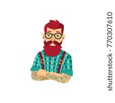 vector flat brutal hipster barber shop worker man with big beard and mustache in glasses with tattoed arms . Isolated illustration on white background