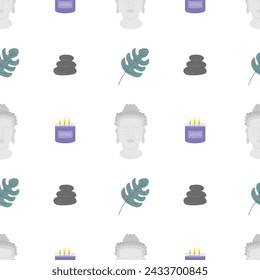 Vector flat buddha statue and yoga elements seamless pattern