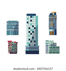 Vector flat building architecture icon set. Modern vintage skyscaper business architecture residental building cottage. Office apartment construction for urban landscape background design illustration