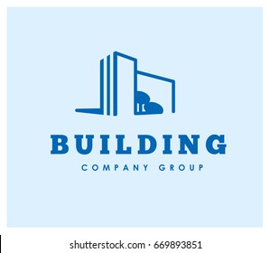 Vector flat building company group emblem design template. Construction company and architect bureau insignia, logo illustration isolated on white background. Line art.