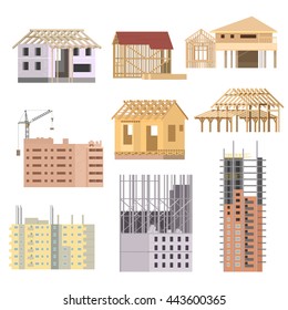 Vector Flat Building Under Construction. Building House Construction Process With Crane Icons Set.