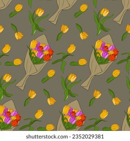 Vector flat bunch in craft paper. Floral seamles pattern of colored tulips and bouquets. Perfect for wrapping paper, background, wallpaper, textile, banner