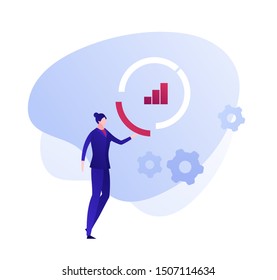 Vector flat business analytics person illustration. Businessman female and chart diagram icon. Concept of marketing research, managment. Design element for banner, poster, card, flyer, web.