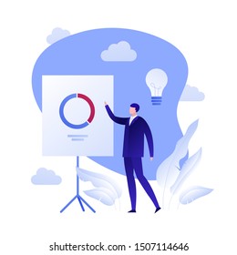 Vector flat business analytics person illustration. Businessman male and chart diagram on board. Concept of marketing, training, brainstorm. Design element for banner, poster, card, flyer, web.