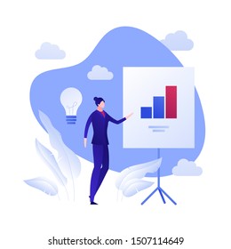 Vector flat business analytics person illustration. Businessman female and chart diagram on board. Concept of marketing, training, brainstorm. Design element for banner, poster, card, flyer, web.