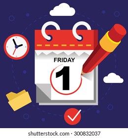 Vector and flat Business calendar with pencil, clock and folder