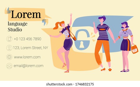 Vector flat business card and picture of greeting young people on abstract background of logo language school in form intersecting conversational bubbles, open barn lock. Size can be 50x90.