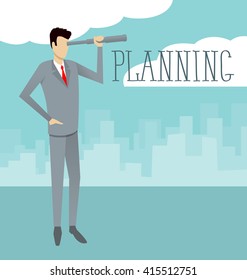 Vector flat business concept Businessman looking on spyglass. Plannig the future