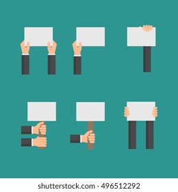 Vector flat business concept with hands holding empty signs or blank paper for message or advertisement illustration