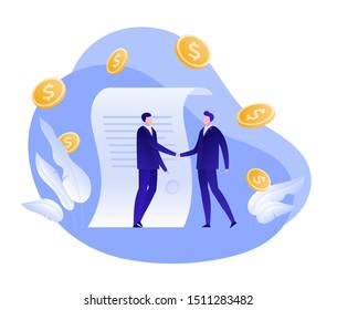 Vector flat business cooperation person illustration. Two male handshake money fall and paper symbol. Concept of success teamwork partnership. Design element for banner, poster, infographics.