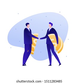 Vector flat business cooperation person illustration.Two man handshake holding half of coin symbol. Concept of success partnership. Design element for banner, poster, infographic, web.