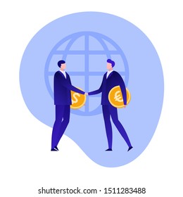 Vector flat business cooperation person illustration.Two man handshake holding half of coin symbol on planet background. Concept of success global partnership. Design element for banner, poster, web