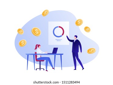 Vector flat business cooperation person illustration. Male with pie chart on poster and woman with laptop on money fall background. Design element for banner, infographics, web