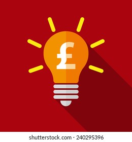 Vector, flat business, education icon, long shadow, colorful background, bulb, dolar, euro, funt, frank