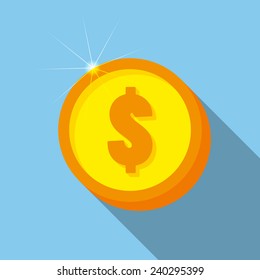 Vector, flat business, education icon, long shadow, colorful background, dolar coin