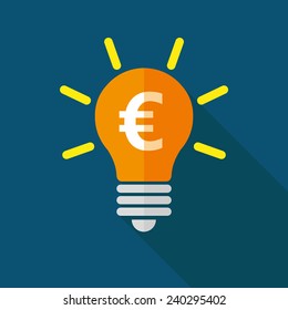 Vector, flat business, education icon, long shadow, colorful background, bulb, dolar, euro, funt, frank
