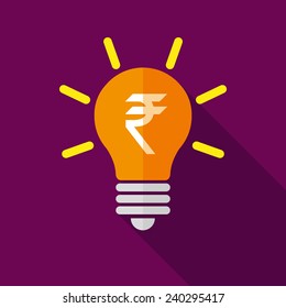 Vector, flat business, education icon, long shadow, colorful background, bulb, dolar, euro, funt, frank