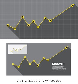 Vector Flat Business Graph And Chart On Grey Background. Vector Golden Grow Up Arrow.