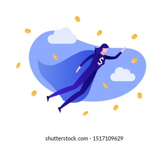 Vector flat business hero people illustration. Female wonder woman flying in money rain with dollar sign isolated on blue sky background. Design element for banner, poster, web, inforgraphics.