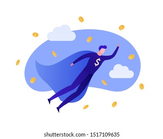 Vector flat business hero people illustration. Male superhero flying in money fall with dollar sign isolated on white background. Design element for banner, poster, web, inforgraphics.