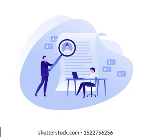 Vector flat business human resources people illustration. Businessman and woman team with magnifier looking at cv paper document. Concept of hr audit. Design element for banner, poster, infographics