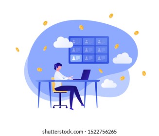 Vector flat business human resources people illustration. Female sitting with laptop on screen with cv icon and money rain background. Design element for banner, poster, infographics