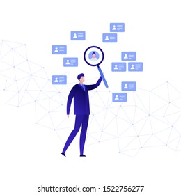 Vector flat business human resources people illustration. Businessman with magnifier on low poly background with cv icon. Concept of online hr services. Design element for banner, poster, infographics