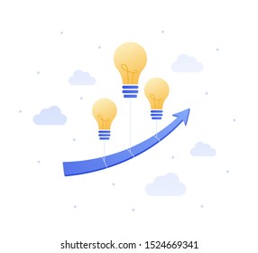 Vector flat business idea illustration. Flying arrow with light bulb balloons on sky background. Concept of innovation, growth, technology. Design element for banner, poster, infographic
