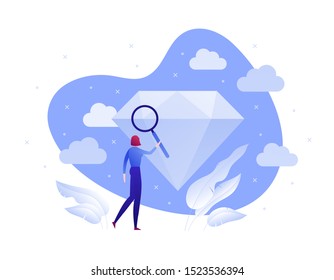 Vector flat business idea people illustration. Female with magnifier study gem on blue background. Concept of brilliant creativity, ideas, analytics. Design element for banner, poster, infographic