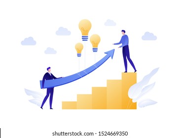 Vector flat business idea people illustration. Team of businessman holding arrow with baloon lightbulb. Concept of innovation, growth, technology. Design element for banner, poster, infographic