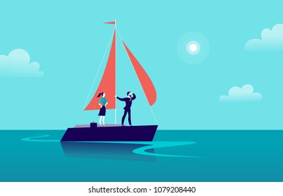 Vector flat business illustration with businessman & lady sailing on ship through ocean on blue clouded sky background. Motivation, achievements, new goals, aspiration, leadership, winner - metaphor.