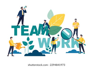 Vector flat business illustration, businessmen together build word teamwork, abstract graphic design, construction business project.Business team people engaged in ecology.Loudspeaker, career planning