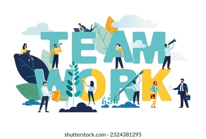 Vector flat business illustration, businessmen together build word teamwork, abstract graphic design, construction business project. Business team people looking for a job. Loudspeaker career planning