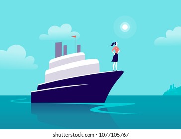 Vector flat business illustration with business lady sailing on ship through ocean towards city on blue clouded sky. Motivation, achievements, new goals, aspirations, leadership, winner - metaphor.