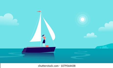 Vector flat business illustration with business lady sailing on ship through ocean towards city on blue clouded sky. Motivation, achievements, new goals, aspirations, leadership, winner - metaphor.