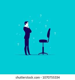 Vector flat business illustration with office man standing at blank chair isolated on blue background. Job searching, career perspective, employment, vacancy, head hunter profession, growth metaphor.