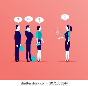 Vector flat business illustration with office people standing isolated on pink background. Searching for idea, consulting, coaching, training, new aspiration & goal, partnership, leadership - metaphor