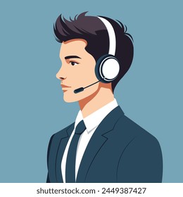 Vector flat business illustration of a young man of European appearance in a classic suit wearing headphones with a microphone.

