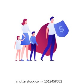 Vector flat business insurance person illustration. Family and super hero defender agent isolated on white. Concept of finance advisor, protection. Design element for banner, poster, infographic, web