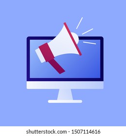 Vector flat business leadership icon illustration. Megaphone and desktop computer screen. Concept of online marketing, social media, news. Design element for banner, poster, card, flyer, web.