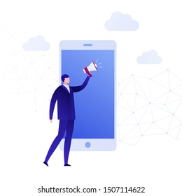 Vector flat business leadership illustration. Male with megaphone on big smartphone background. Concept of online marketing, social media, news. Design element for banner, poster, card, flyer, web.