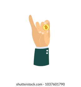 Vector flat business man hand in suit holding golden bitcoin coin. Isolated background illustration. Mining crypto virtual money exchange advertising poster design element