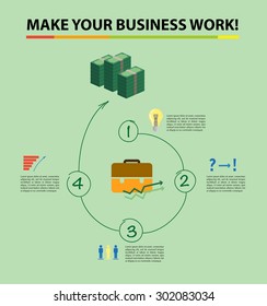 Vector flat business and marketing illustration with diagrams, arrows, numerals, percents, human icons and text place. Flat icons design. 