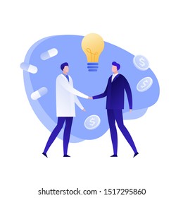 Vector flat business medicine person illustration. Male doctor and businessman handshake. Light bulb, coin and pill signs. Concept of research, health care. Design element for banner, poster, web.