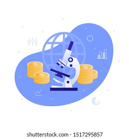 Vector flat business medicine science illustration. Microscope, money sign and finance icons. Concept of medical research, global health care. Design element for banner, poster, web, infographics.
